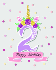 Vector illustration with number Two, Unicorn Horn, ears and flower wreath. Template for Baby Birth, party invitation, greeting card. Cute Number Two as logo, patch, sticker. Vector illustration.