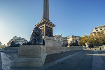 London / UK - 17 November 2017: Editorial Nelson's column and lion statue at Trafalgar Square for...