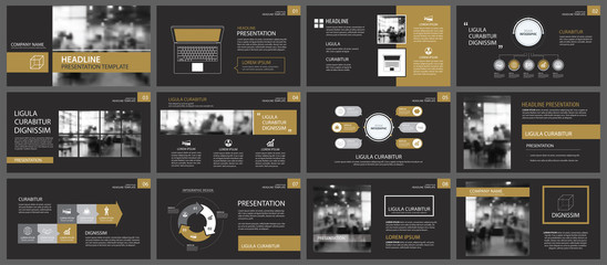 Black gold presentation templates and infographics elements background. Use for business annual report, flyer, corporate marketing, leaflet, advertising, brochure, modern style.