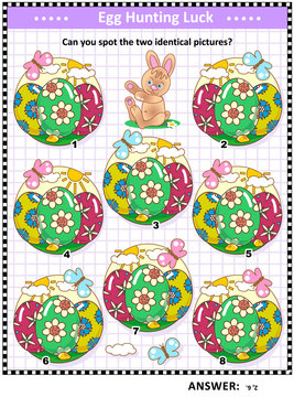 Easter holiday egg hunt themed find the two identical images visual puzzle or picture riddle with painted eggs and cute little bunny. Answer included.
