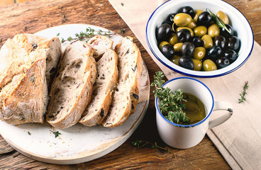 Olives bread ciabatta, olives mix.