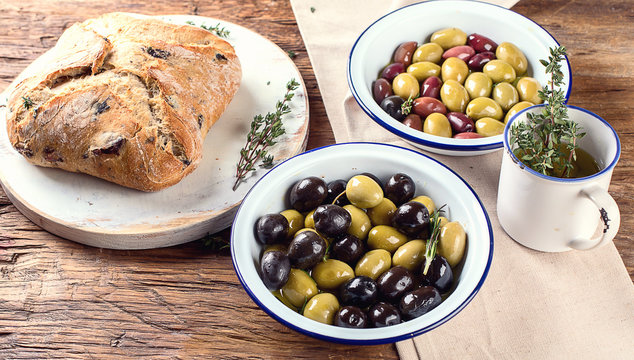 Olives bread ciabatta, olives mix.