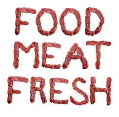 The word Food,Meat and Fresh made from slices of pork isolated on white background.