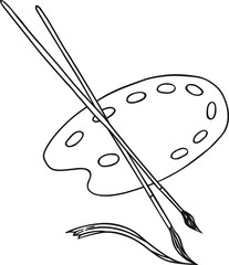 Hand Drawn Doodle Sketch Line Art Vector Illustration of Wooden Oil Painting Palette with Brushes. Student Course Emblem Poster Banner Black Outline Design Element Template