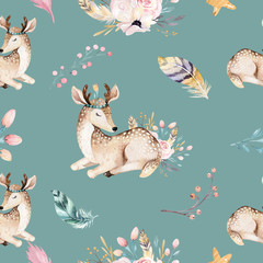 Cute family baby raccon, deer and bunny. animal nursery giraffe, and bear isolated illustration. Watercolor boho raccon drawing nursery seamless pattern. Kids background, nursery print