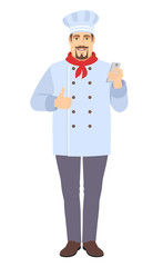 Chef  with mobile phone mobile showing thumb up