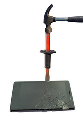 Smartphone broken with hammer and chisel