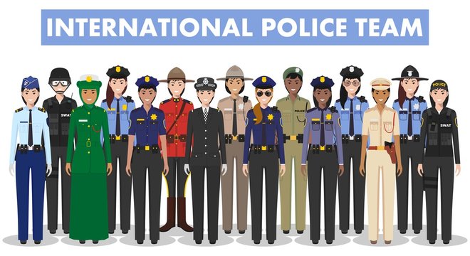 International police people concept. Detailed illustration of SWAT officer, policeman, policewoman and sheriff from different countries in flat style on white background. Vector illustration.