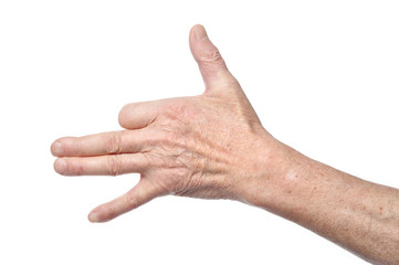 Hand of senior woman showing dog sign with fingers