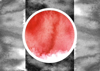 Watercolor logo, advertisement, poster, background.
Watercolor black background,red blot, blob, splash of black  paint. Abstract background, poster. Signal danger, prick, goal, sun