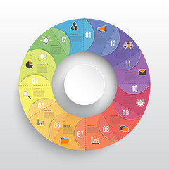 Circle chart infographic template with 12 options for presentations, advertising, layouts, annual reports.