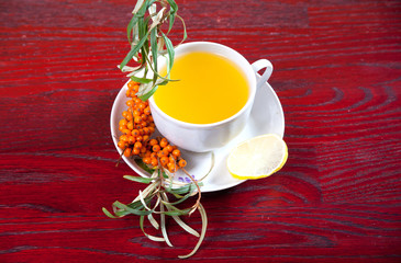 Tea of sea-buckthorn berries on wooden table with blurred garden background