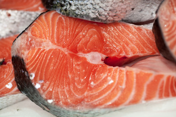 frozen red fish steaks in a market