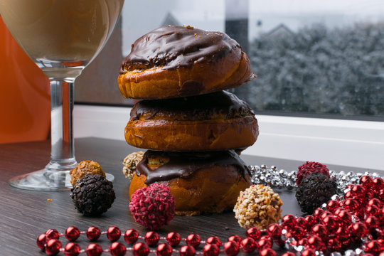 delicious chocolate buns, truffles with glass of latee