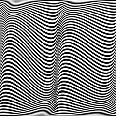 Geometric pattern. Black waves and stripes on white background. Abstract wavy striped design. Vector illustration. Optical illusion. Futuristic monochrome backdrop.
