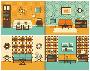 Living room interior. Vector. Linear rooms with furniture. Retro line home space, house equipment. Flat thin line art style illustration. Set of outline sketch. Vintage design background 1960s.