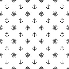 Seamless pattern with icons of steering wheel and anchor on a white background