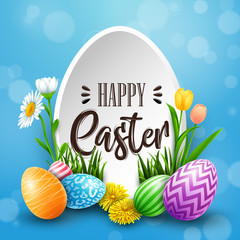 Fototapeta premium Happy Easter greeting card with colored eggs, flowers on blue background