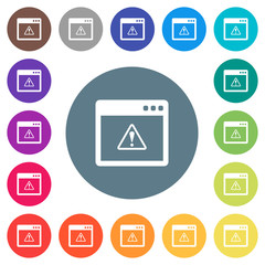 Application warning flat white icons on round color backgrounds