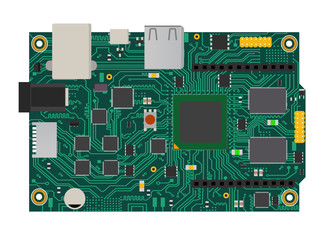 DIY electronic mega board with a microprocessor, interfaces, LEDs, connectors, and other electronic components, to form the basic of smart home, robotic, and many other projects related to electronics