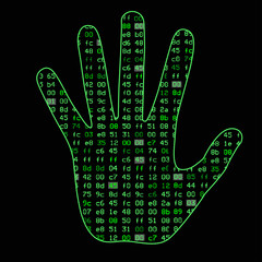 Artificial Intelligence. Silhouette of a man hand palm, inside which binary code. It can illustrate scientific ideas, artificial neural networks, deep learning, development of technology