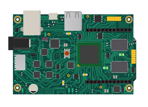 DIY electronic mega board with a microprocessor, interfaces, LEDs, connectors, and other electronic components, to form the basic of smart home, robotic, and many other projects related to electronics