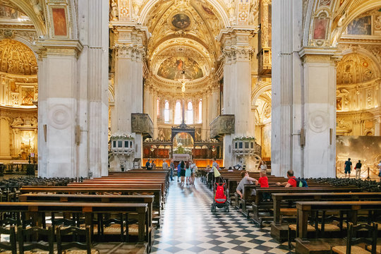 Bergamo, Italy - August 18, 2017: Bergamo's Basilica di Santa Maria Maggiore, ornate gold interior.