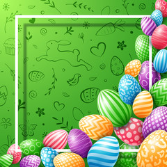Collection of easter egg colorful with frame empty for text on cute doodle background