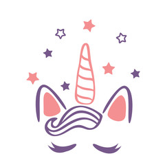 Vector illustration of a magic cute pink unicorn with stars