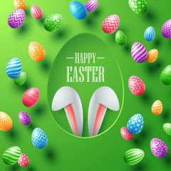Happy Easter card with bunny ears hiding in egg hole and colorful eggs on green background