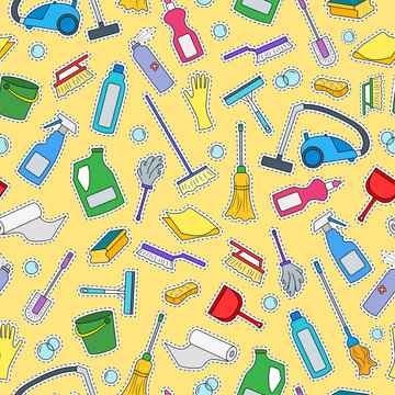 Seamless pattern on the theme of cleaning and household equipment and cleaning products,color patch icons on  yellow background