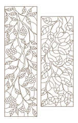 Set of contour illustrations of stained glass Windows with tree branches, Rowan and Apple tree branch, dark contours on white background