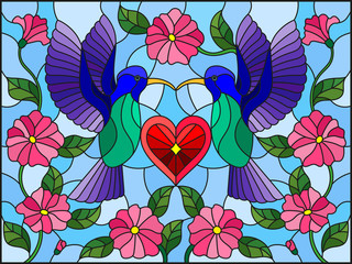 Illustration in stained glass style with a pair of hummingbirds and a heart against the sky and flowers