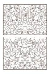 Set of outline illustrations of stained glass with birds and flowers, doves and hummingbirds, dark outlines on white background
