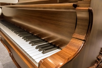 Modern grand piano keys in focus