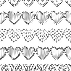 Hearts. Black and white decorative seamless pattern for coloring book. Romantic, lovely background.