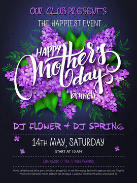 vector hand drawn mothers day event poster with hand lettering text - mother's day and lilac flowers and doodle branches