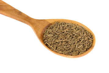 Cumin seeds in spoon isolated on white background