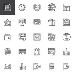 Online shopping outline icons set. linear style symbols collection, line signs pack. vector graphics. Set includes icons as Wishlist, Discount, Store, Gift box, Customer feedback, mobile payment