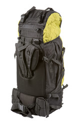 large backpack, combined color, filled, standing back side, on white background
