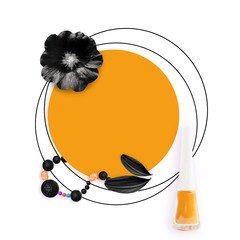Feminine background. Orange circle and black flower, black petals, multicolored beads, nail on white background. Modern woman background.