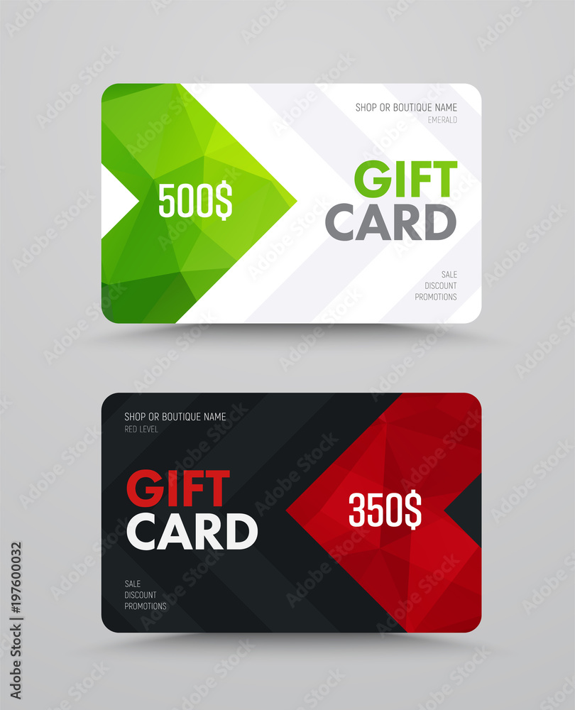 Poster template of a white and black gift card with polygonal abstract elements and arrows.