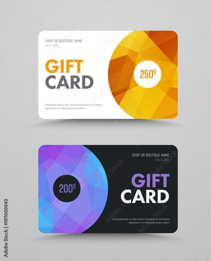 Poster template of a white and black gift card with polygonal abstract elements and a semicircle.