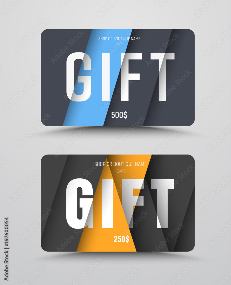 Poster Set of vector gift cards with floating sheets of paper and text at different height levels.