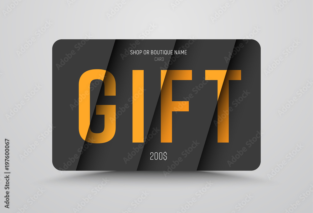 Poster gift card template is black with orange text at different levels of height on the hovering sheets
