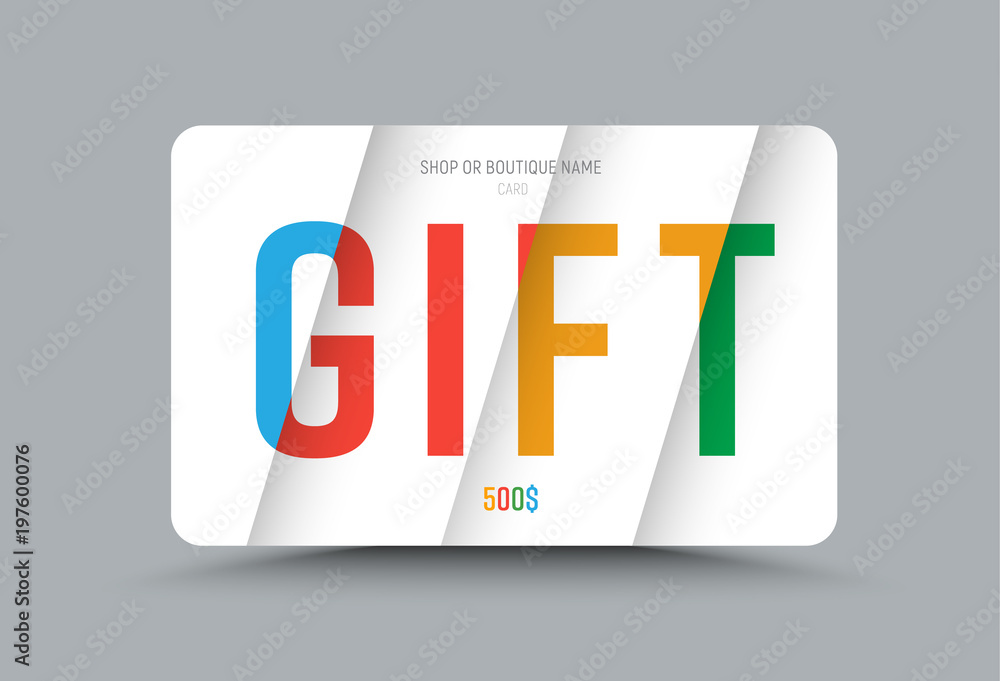 Poster Template of a gift card of white color with multi-colored text at different levels of height on soaring sheets.