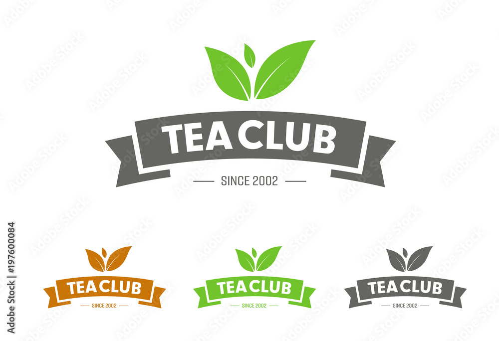 Poster Design vector logo with ribbon and leaves for tea club, store or product. Templates of different colors with the date of foundation. Set