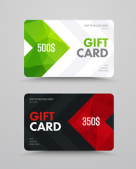 Template of a white and black gift card with polygonal abstract elements and arrows.