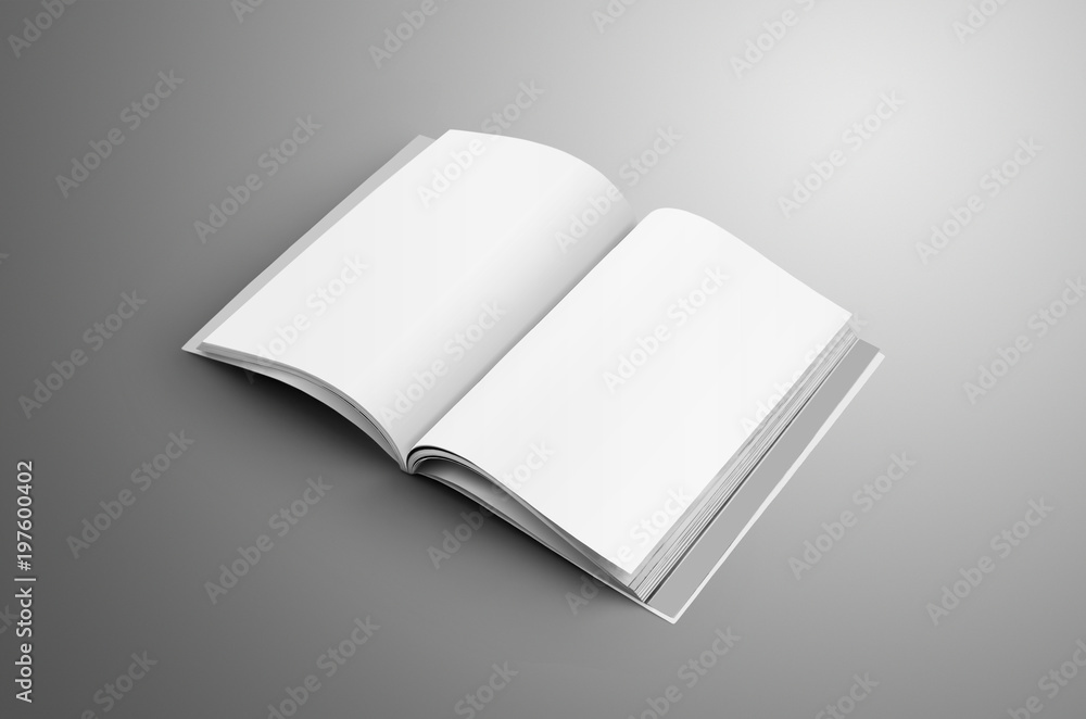 Poster universal blank opened a4, (a5) magazine with soft realistic shadows isolated on gray background.