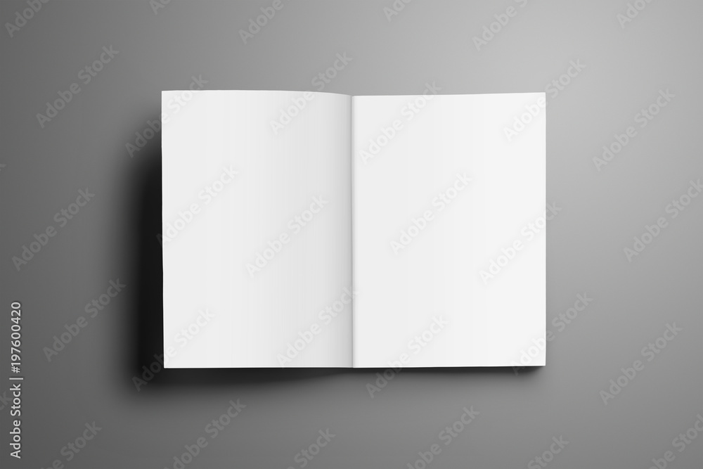 Poster universal blank opened a4, (a5) magazine with soft realistic shadows isolated on gray background.